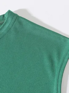Close-up detail of breathable green mesh fabric on men's athletic sports tank top