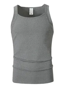 Detailed macro view of a grey ribbed knit sleeveless tank top for men fitness training