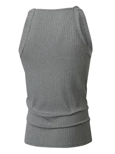 Men's grey ribbed knit tank top with thin shoulder straps for athletic training vest