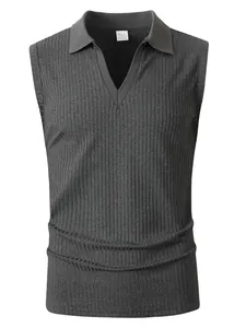 Close-up detail of a grey ribbed men's sleeveless polo shirt with V-neck and collar
