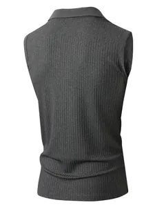 Close-up back view showing the vertical ribbed texture of a grey sleeveless shirt