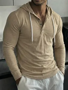 Professional detail shot of a men's khaki slim-fit hooded shirt with white drawstrings.