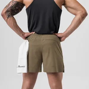 Detailed back view of men's olive green quick-dry woven athletic shorts for gym