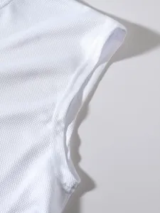 Close-up of white breathable mesh fabric on athletic sleeveless fitness tank top