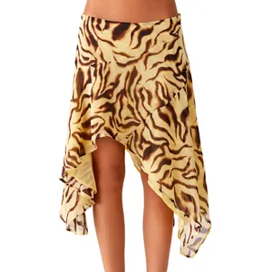 Close-up of leopard print irregular hem skirt showing the layered asymmetric design