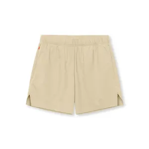 Flat lay view of khaki men's quick-dry woven athletic shorts with side vents