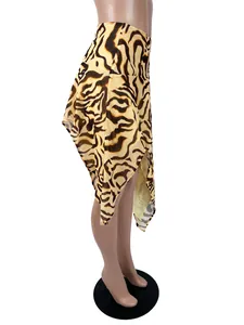 Detailed side view of sexy tiger print mini skirt with irregular hem and inner lining