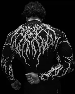 Back view of black long sleeve compression shirt with white gothic skull print for men