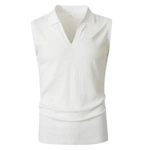 Front view of white ribbed sleeveless Polo shirt showing V-neck and lapel collar