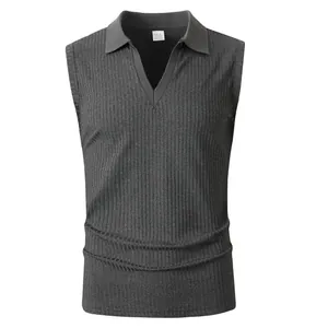 Detailed view of a dark grey ribbed men's sleeveless Polo vest featuring a stylish V-neck collar.