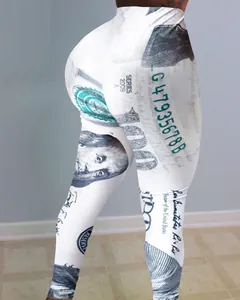 Close-up of women's sexy leggings featuring a unique US dollar bill graphic print.