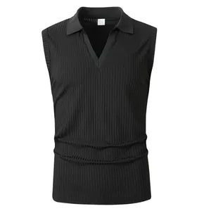 Close-up detail of men's black ribbed sleeveless Polo vest with V-neck and collar