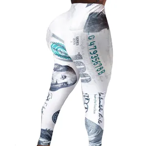 Detail view of high-waist yoga leggings with realistic $100 dollar bill print texture