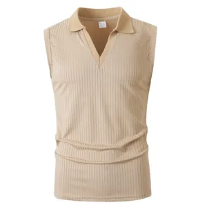 Close-up of khaki ribbed sleeveless Polo shirt with V-neck and lapel collar