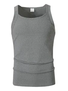 Detailed view of gray ribbed knitted men's tank top showing the fine fabric texture