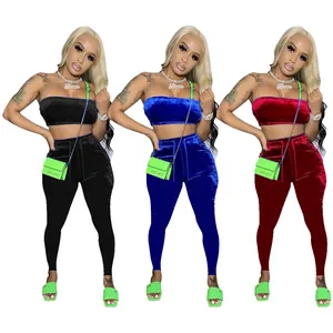Drie kleuren fluwelen tweedelige set met strapless top en legging met hoge taille