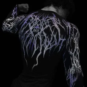 Detailed back view of men's athletic compression shirt featuring a purple skull graphic print