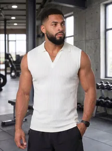 Men Sleeveless Polo Shirt Ribbed V-Neck Slim Fit Sports Tank Top Striped Vest