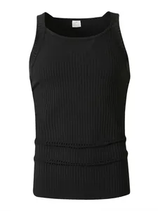 Detail showing the ribbed texture and square neckline of the black men's knit tank top.