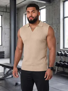 Sleeveless ribbed knit polo vest for men with V-neck and slim fit athletic design