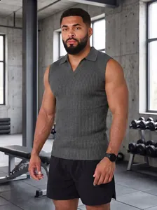 Slim fit men's grey ribbed sleeveless Polo shirt with V-neck for gym and athletic wear