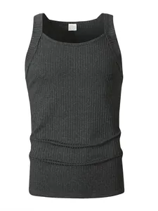 Close-up of the premium dark grey ribbed knit fabric texture on men's tank top