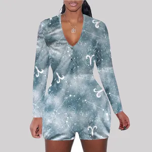 Detailed view of the Aries constellation print on a long-sleeved casual women's romper