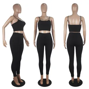 Front, back, and side views of the black camisole crop top and leggings fitness set