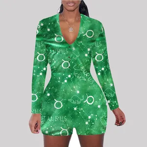 Green long-sleeved loungewear romper featuring a white Taurus zodiac constellation print