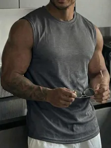 Grey breathable mesh sleeveless tank top for men, ideal for gym and outdoor sports.