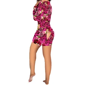 Women's long sleeve rose floral print bodysuit with functional rear buttoned butt flap design