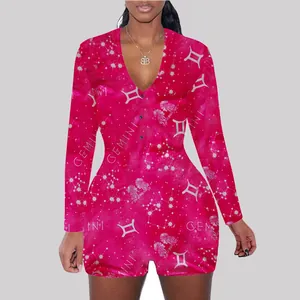 Slim-fit long-sleeved home romper for women with pink Gemini constellation print design.