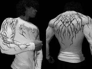 White compression gym shirt with dark death metal thorn print and skull detail back view