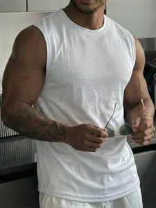 White mesh tank top for men, sleeveless athletic shirt for gym and running sessions.
