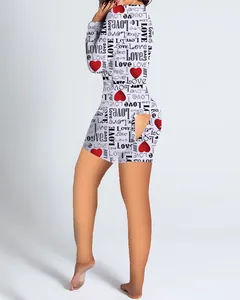 Valentine's Day heart print romper with functional butt flap for home loungewear