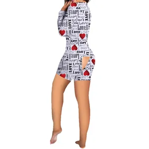 Women's Valentine's Day heart print long sleeve romper with functional butt flap