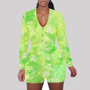 Detailed view of women's green Leo zodiac print long sleeve loungewear romper with V-neck
