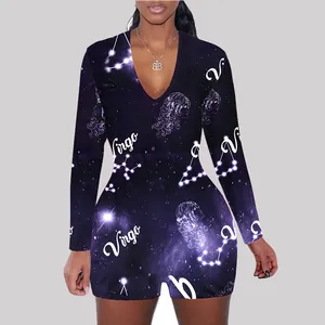 Slim fit Virgo zodiac print long sleeve romper jumpsuit with galaxy pattern and V-neck design