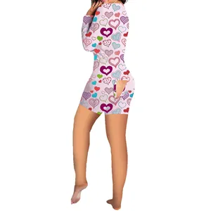 Detail view of heart print romper with back flap for Valentine's Day lounge wear