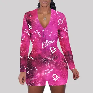 Detailed macro view of the pink galaxy Libra constellation print long-sleeve short jumpsuit romper