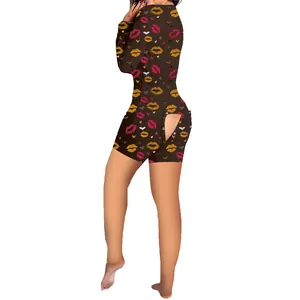 Detail showing the functional back flap on the Valentine's Day heart print jumpsuit.