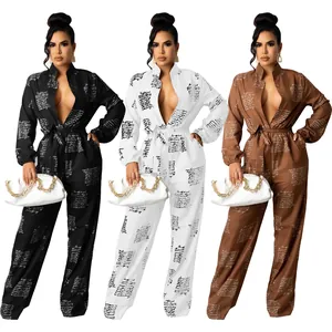 Women Casual Loose Fit Shirt Collar Long Sleeve Jumpsuit With Belt And Pockets Elegant Script Letter Print Wide Leg Top And Bottom