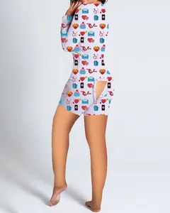 Close-up of Valentine's Day heart print romper with functional back flap detail for women