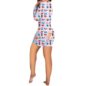 Heart print romper featuring functional butt flap for cozy Valentine's Day lounging.