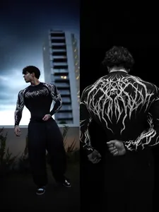 Men Long Sleeve Compression Shirt Quick Dry Fitness Sport T-Shirt Gothic Skull Printed Gym Workout Training Top