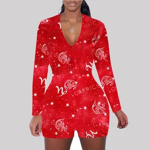 Red long-sleeved women's romper featuring a white Capricorn zodiac constellation print
