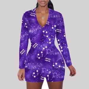 Close-up of women's purple galaxy Aquarius print long-sleeved romper