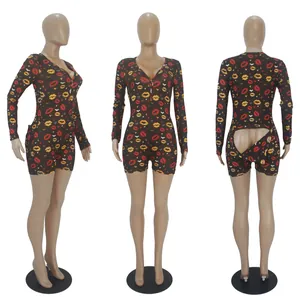 Three-sided detailed view of Valentine heart print long sleeve romper with butt flap