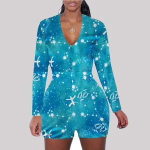 Front view of a women's blue Pisces zodiac print long sleeve romper with V-neck