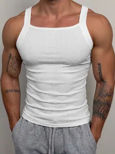 Men's white ribbed square neck tank top for gym fitness and athletic training wear